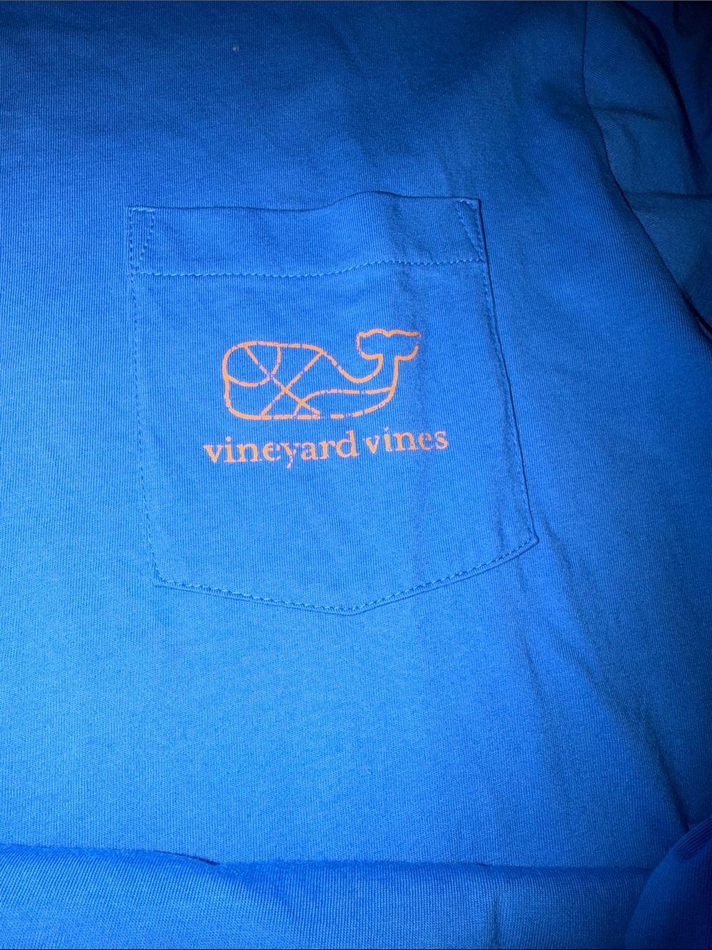 Vineyard Vines Men's Long Sleeve Pocket Tee - Blue with Orange Sleeve Script - Picture 3 of 4